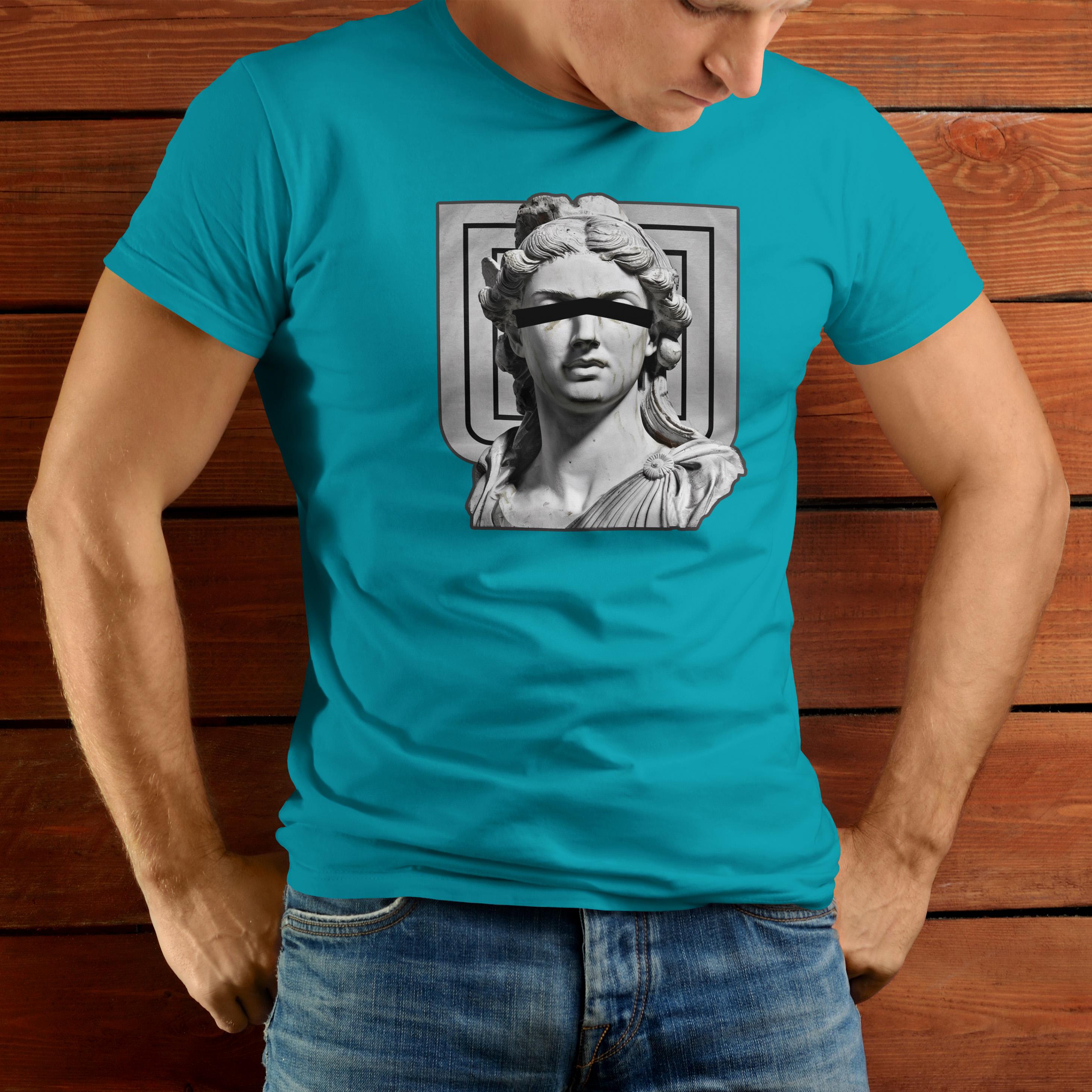 Blindfolded Statue Graphic Tee: Retro Ancient Art T-Shirt
