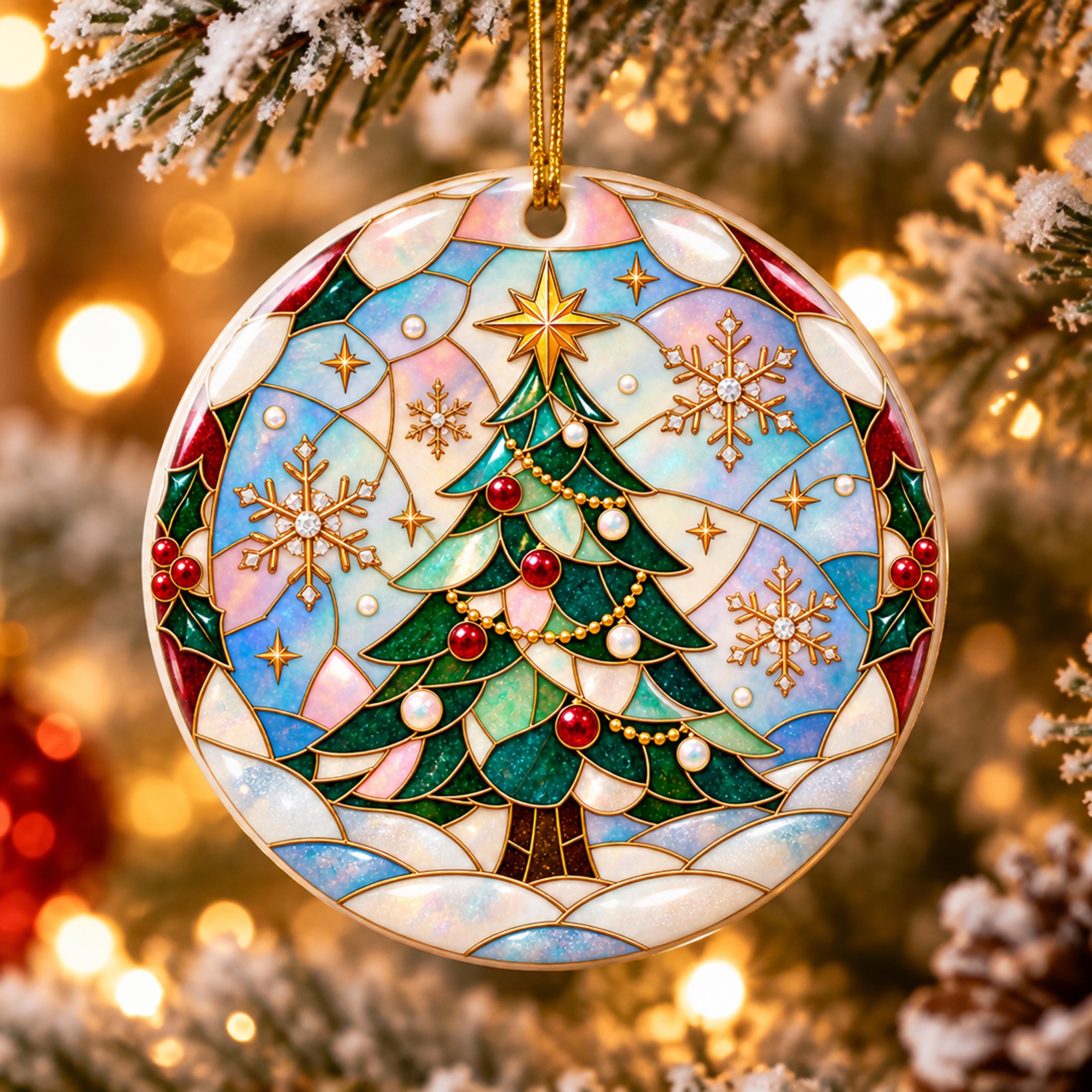 Stained Glass Christmas Tree Ornament Ceramic Ornament | Double-Sided