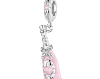 Rosa Emaille Champagner Anhänger | Echt 925 Sterling Silber, Cubic Zirkonia, Pandora kompatibel, DIY Schmuck