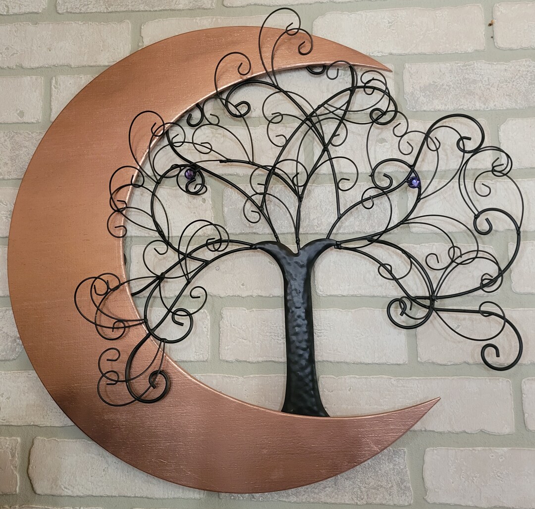 Moon Tree Wall Art Copper Crescent Moon Black Metal Tree of Life Wall Decor Choice of Gem Stones