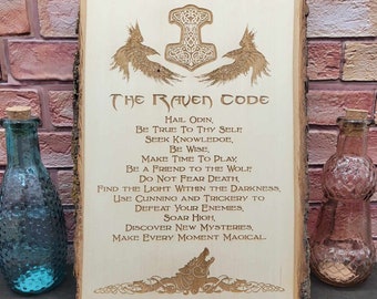 Viking Raven Code Live Edge Plaque Engraved Natural Basswood Commemorative Creed to Honor Ancestral Heritage