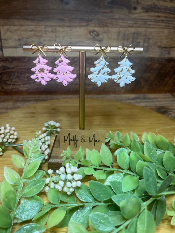 Bow Stud Christmas Tree Earrings, Pink gold leaf, white gold leaf