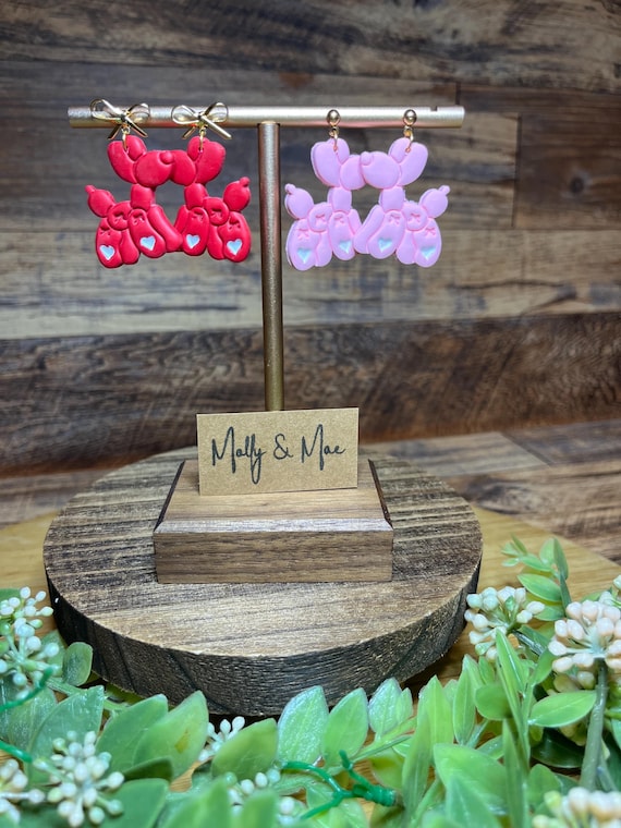 Handmade Polymer Clay Balloon Dog Dangle Earrings, Valentine’s Day Earrings