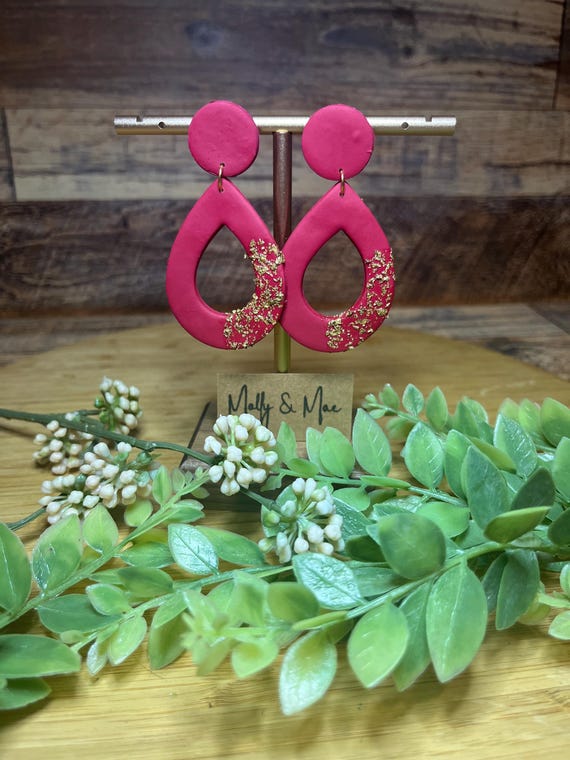 Red and Gold Hollow Tear Drop Dangle Stud Earring