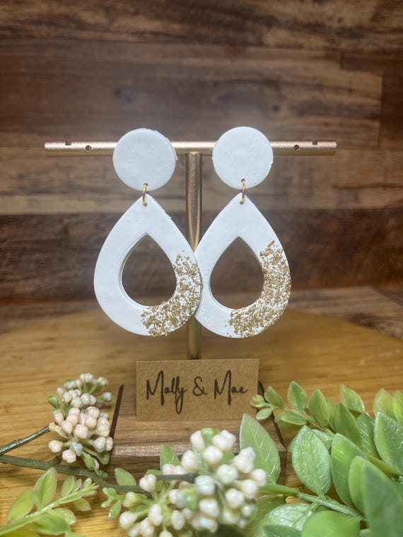 White and Gold Hollow Tear Drop Dangle Stud Earring