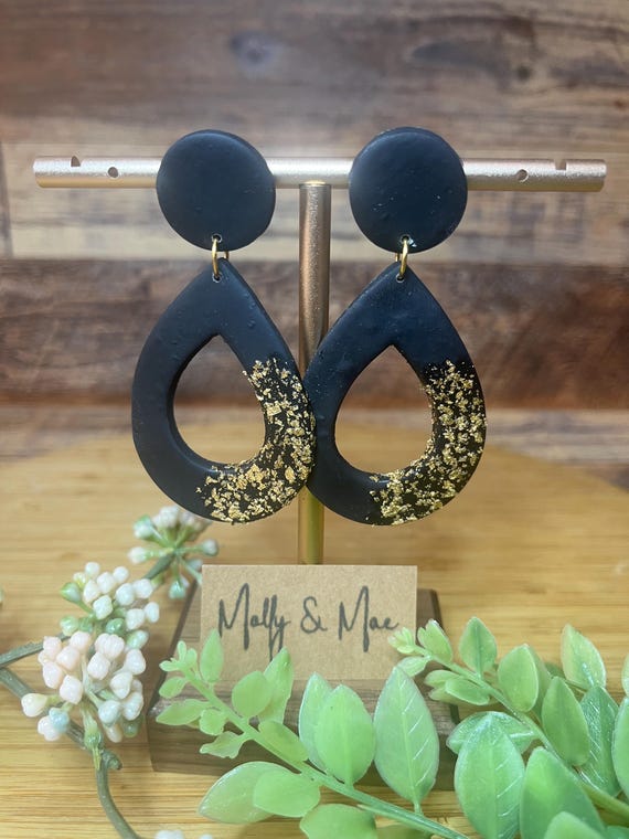 Black and Gold Hollow Tear Drop Dangle Stud Earring