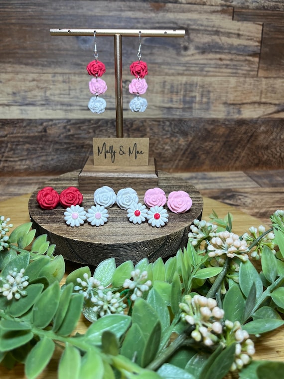 Handmade Polymer Clay Flower Earrings, Rose, Daisy, Valentines Day