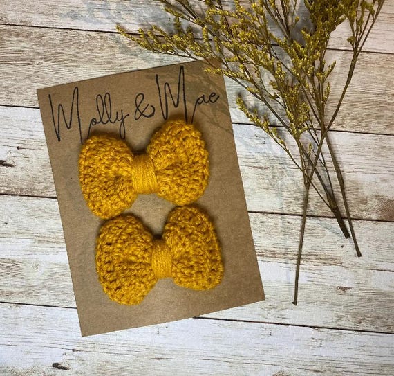Crochet Bow Mustard Yellow, Bow Clip, Headband