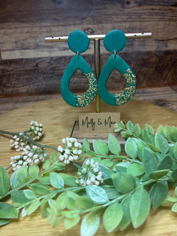 Emerald Green and Gold Hollow Tear Drop Dangle Stud Earring