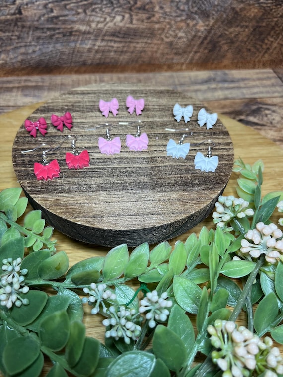 Handmade Polymer Clay Bow Dangle Earrings, Valentine’s Day Earrings