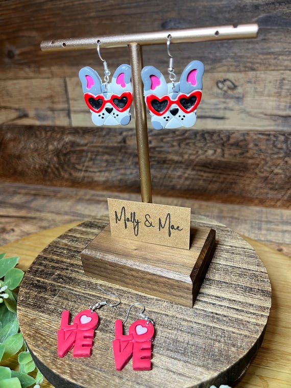 Handmade Polymer Clay Dog Dangle Earrings, Valentine’s Day Earrings