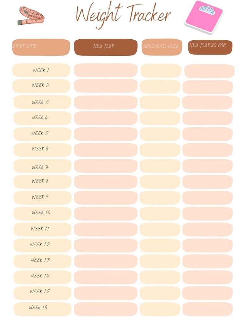 Week Tracking Chart Weekly Weight Loss Tracker - Etsy