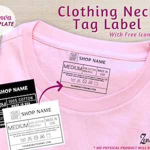 Editable Neck Label Canva Template Clothing Tag Washing instruction Tagless Label for T-shirt DIY Garment tag Custom Small Business