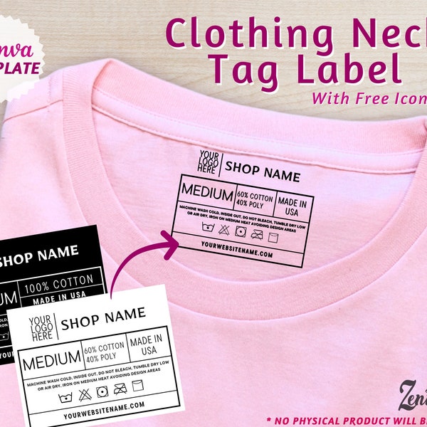 Editable Neck Label Canva Template Clothing Tag Washing instruction Tagless Label for T-shirt DIY Garment tag Custom Small Business