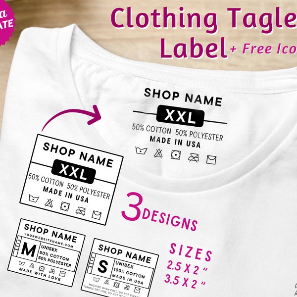 Editable Clothing Tagless Label Template for Small Business Garment Care Instruction Tag for Packaging DIY Custom Canva Template Sublimation