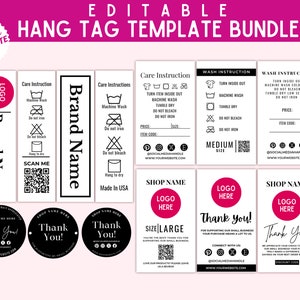 May include: Editable hang tag templates for branding and product information. The templates include care instructions, wash instructions, size labels, and thank you tags. The tags are black and white with pink accents.