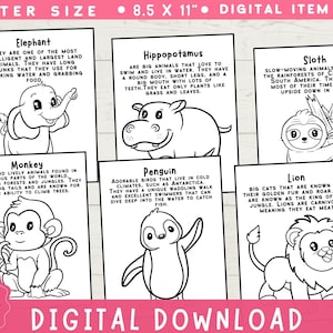 Kleurplaten voor kinderen Schattige dierentuindieren voor kinderen Afdrukbare PDF Kleurboek Digitaal voor kinderen Activiteit Leren met dieren Leuke weetjes JPEG