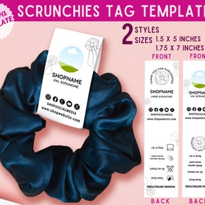 Plantilla de etiqueta de Scrunchies editable para Scrunchy Etiqueta de envoltura personalizable Tarjeta de instrucciones de cuidado Embalaje para pequeñas empresas Corbata para el cabello Canva Instant