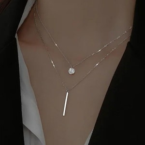 Round Diamond Bar Lariat Necklace || Double Layer Sterling Silver Pendant Necklace || Gift for Her, Wedding, Anniversary, Christmas