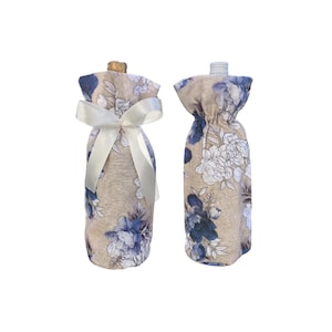 Fundas para botellas de vino hechas a mano con motivos florales azules: papel de regalo reutilizable con o sin lazo de satén blanco para botellas de vino y champán, fabricadas en Ecuador