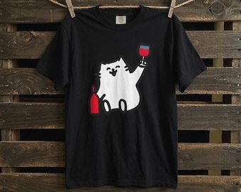 Funny Wine T-Shirt, Drinking Cat Graphic Tee, Wine Lover Gift