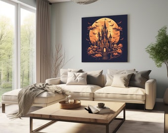 Haunted Castle for Halloween Digital Download: Spooky and Mystical Illustration, Perfect for Festive Wall Design and Decoration