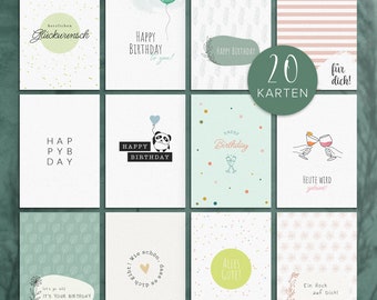 20 Geburtstagskarten, Glückwunschkarten zum Geburtstag, DIN A6 Grußkarten Set, Happy Birthday Kartenset, Postkarten