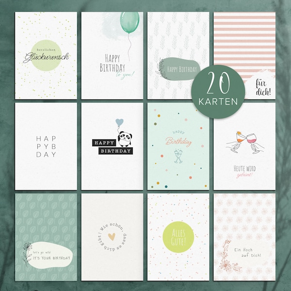 20 birthday cards, birthday greeting cards, DIN A6 greeting card set, happy birthday card set, postcards