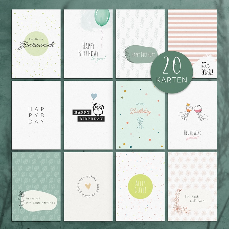 20 Geburtstagskarten, Glückwunschkarten zum Geburtstag, DIN A6 Grußkarten Set, Happy Birthday Kartenset, Postkarten Bild 1