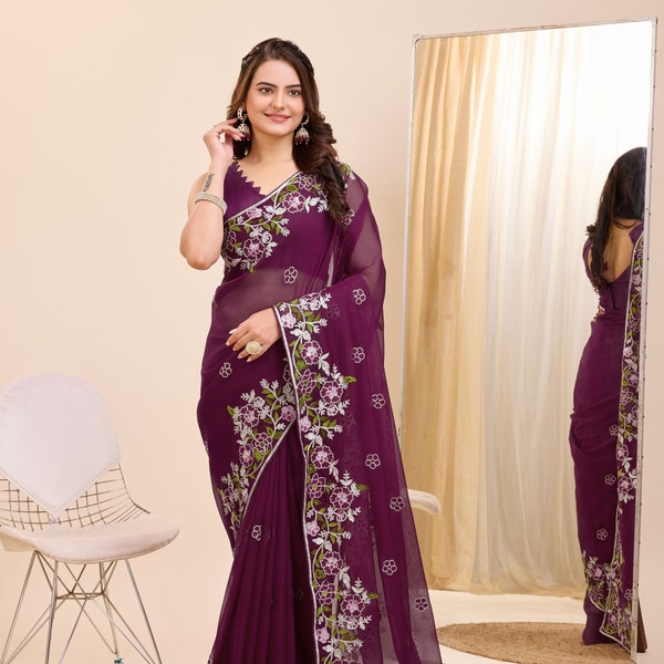 Belle couleur taby soie avec broderie épaisse bordure de passepoil sari tenues de fête sari tenues de mariage sari Bollywood sari indien