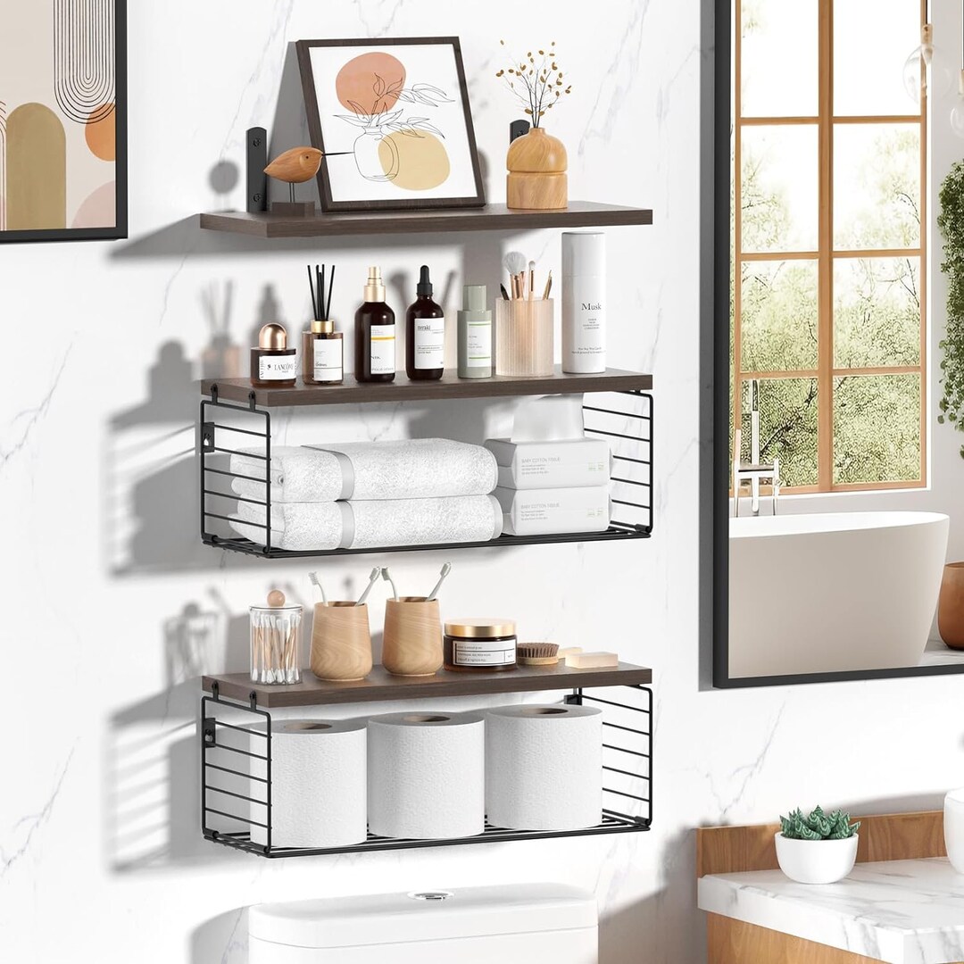 Set of 3 Rustic Wooden Bathroom Shelves With 2 Storage Basket Etsy