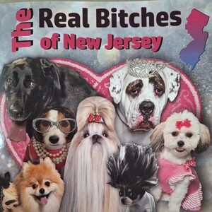 May include: A book cover with the title "The Real Bitches of New Jersey" featuring a group of dogs dressed up in various outfits. The dogs are a black Labrador Retriever, a white American Bulldog, a Shih Tzu, a Jack Russell Terrier, a Pomeranian, and a Chihuahua.