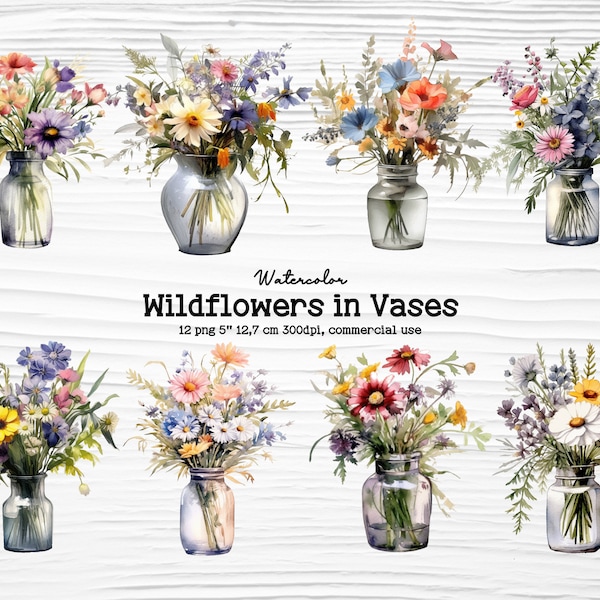 Flower Vase Arrangement: Stunning Wildflower Bouquet in Rustic Glass Container for Spring Craft Projects and Design Needs, Commercial Use