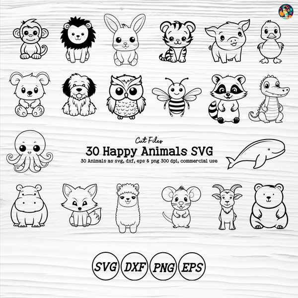 Fröhliche Tiere Bundle, Baby Tiere, 30 SVG Dxf Png Eps für Silhouette, Cameo, Aufbügeln Projekte, Vinyl Aufkleber, Plotterdateien