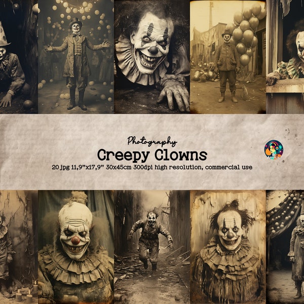 Creepy Clowns Photos Printable Horror Photographs Vintage Junk Journal Ephemera Digital Scrapbook Pages, Scary Collage Sheet, Commercial Use