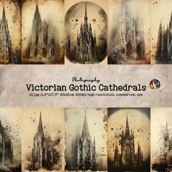 Victorian Gothic Cathedrals - 22 Aged Scratched Distressed Digital Goth Junk Journal Pages Scrapbooking Supplies Ephemera Commercial Use