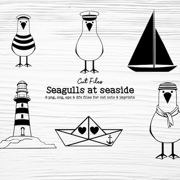 Seagulls at Seaside, seagull, boat, lighthouse, plotter files, maritime clipart seagull sailor, seafaring svg, commercial use