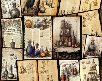 10 Mystic Potion Junk Journal Pages, Digital Scrapbook Paper Kit, Vintage Ephemera, Alchemists Book, Alchemy Printable, Commercial Use