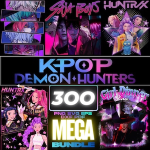 Könnte beinhalten: Eine digitale Kunstkompilation mit verschiedenen Illustrationen im Anime-Stil. Das Bild enthält Text, der "Sit Boys", "HUNTRAX", "KPOP DEMON HUNTERS", "300 MEGA BUNDLE" und "Girl Dinner" lautet. Die Kunstwerke zeigen Charaktere mit leuchtenden Farben und dynamischen Posen.