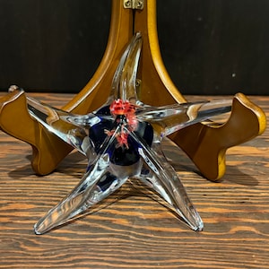 Hand Blown 6 Inch Blue and Orange Accented Clear Art Glass Starfish