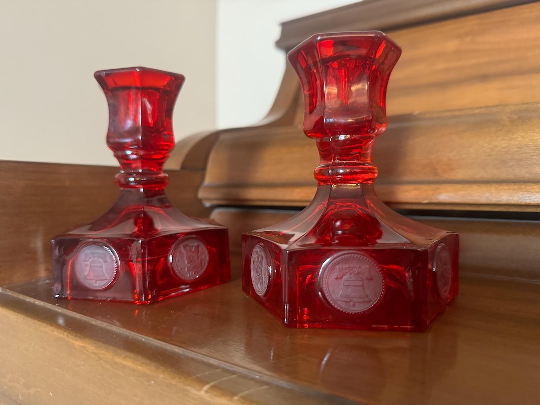 Pair of Fostoria Ruby Coin Pressed Glass 1372 4 1/2 Inch Single Light