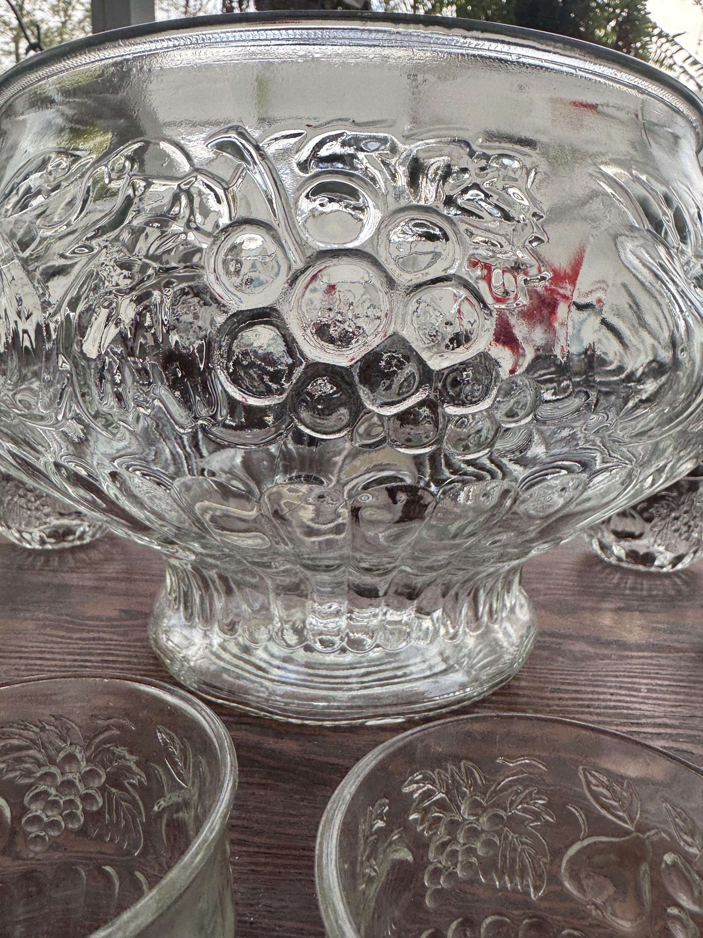 Vintage Jeannette Glass Punch Bowl Set With Fruit Pattern, 12