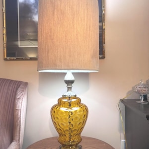 Hollywood Regency MCM Amber Glass Table Lamp on Brass Base