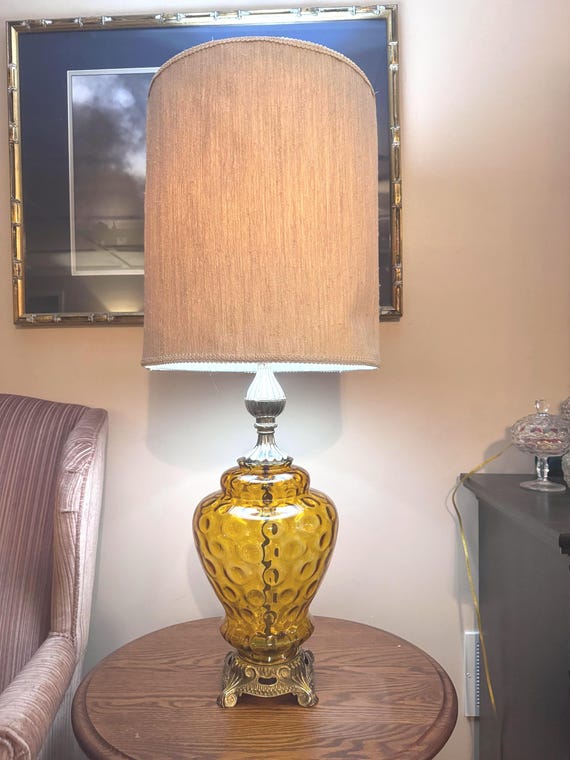 Hollywood Regency MCM Amber Glass Table Lamp on Brass Base
