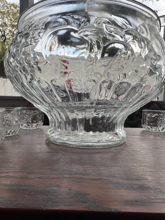 Vintage Jeannette Glass Punch Bowl Set With Fruit Pattern, 12