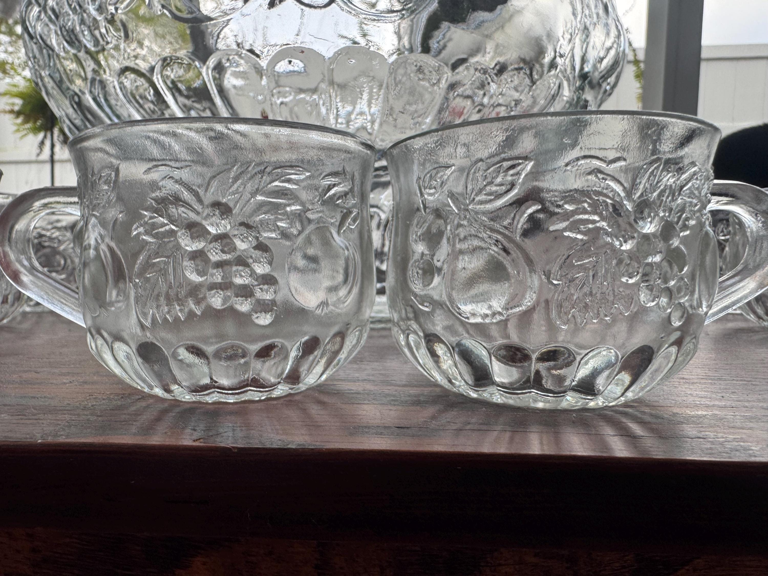 Vintage Jeannette Glass Punch Bowl Set With Fruit Pattern, 12