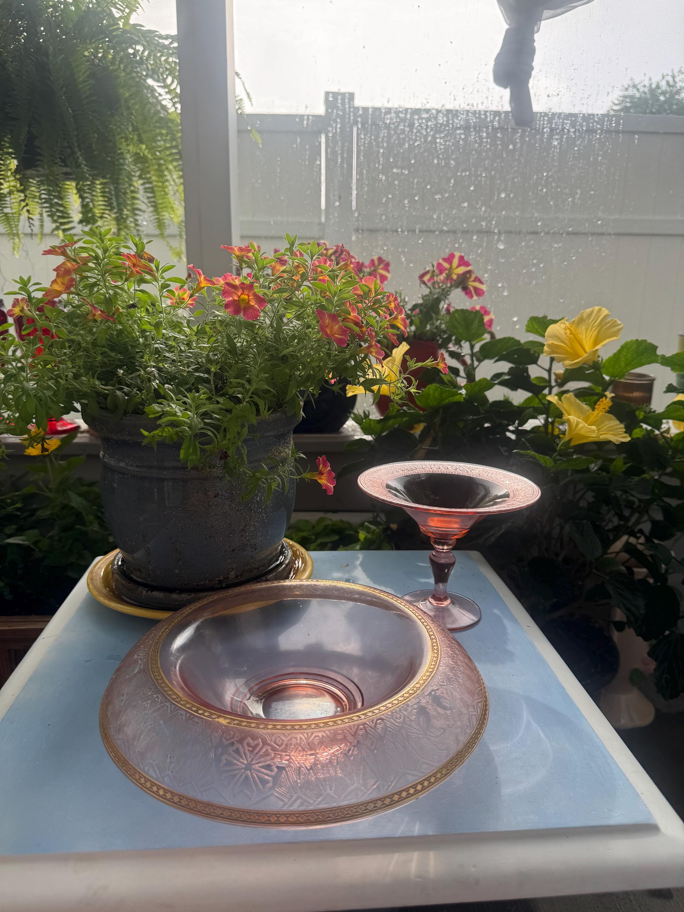 Matching Pink Depression Glass Rolled Edge Console Bowl and Compote with Gold Trimming
