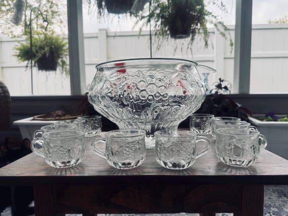Vintage Jeannette Glass Punch Bowl Set With Fruit Pattern, 12