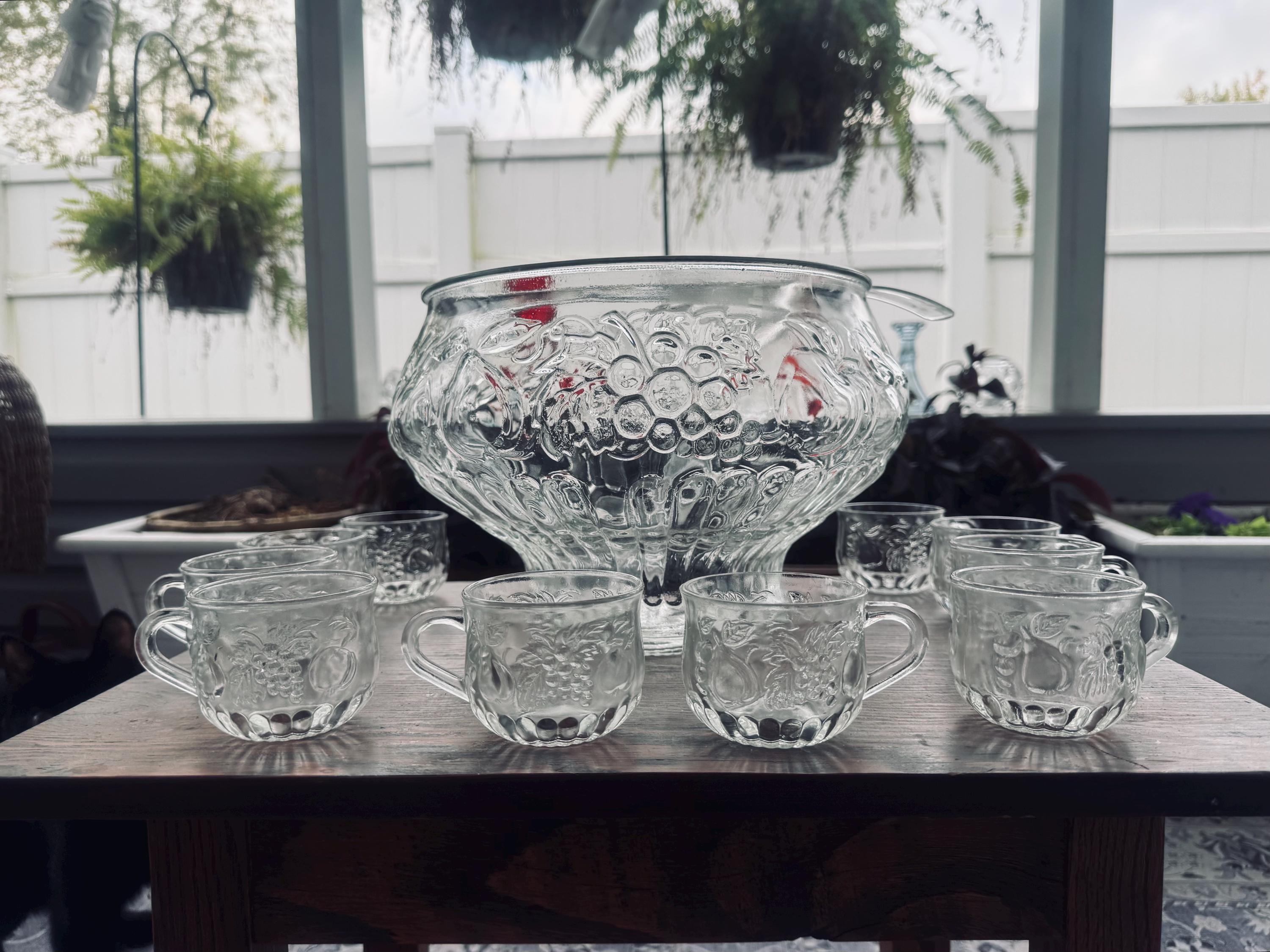 Vintage Jeannette Glass Punch Bowl Set With Fruit Pattern, 12