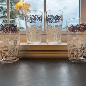 Set of Four 4 3/4 Inch Federal Glass Tumblers with White Fruit and Gold Leaf Design